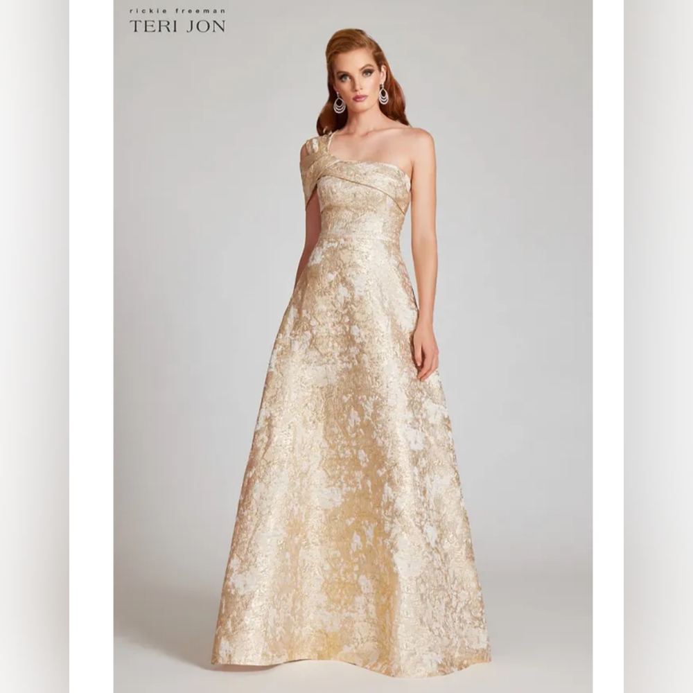 Teri Jon Elegant Gold One-Shoulder Dress